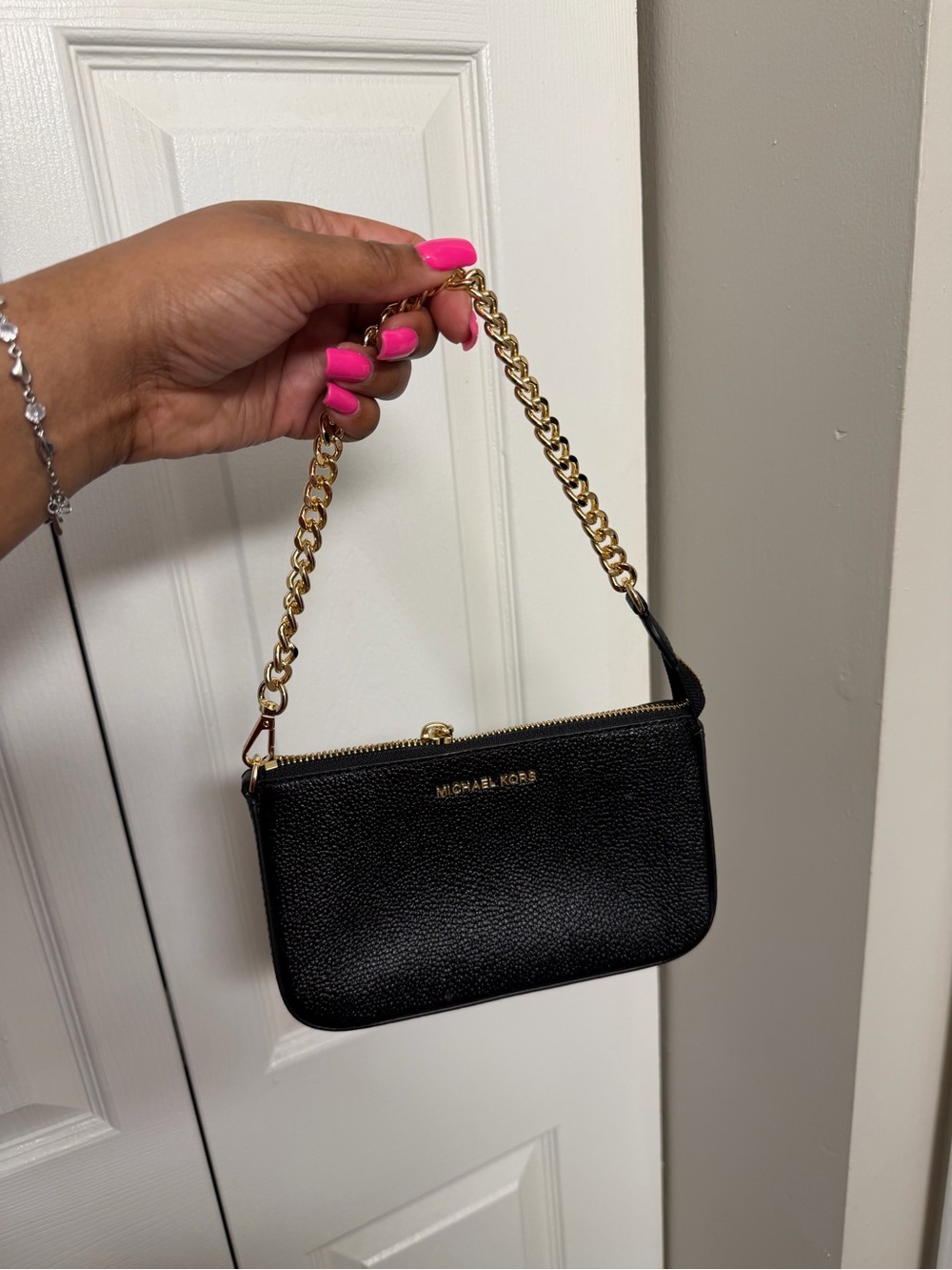 Michael Kors Black Pebbled Leather Mini Wristlet with Gold Chain